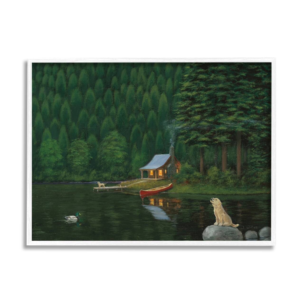 Stupell Industries Log Cabin Lakehouse Scene Pet Dogs Tree Forest Framed Wall Art